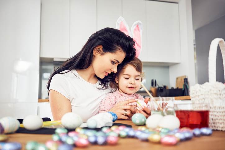 Mother and child painting Easter eggs together